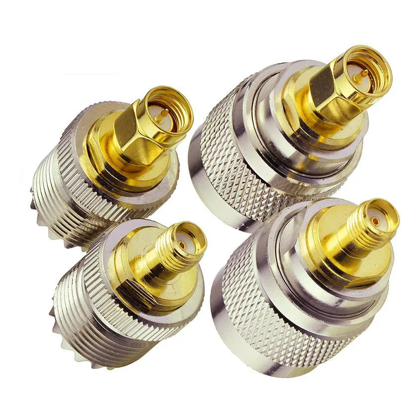 Four-piece UHF male PL259 and SO239 to SMA female coaxial adapter set for radio frequency use