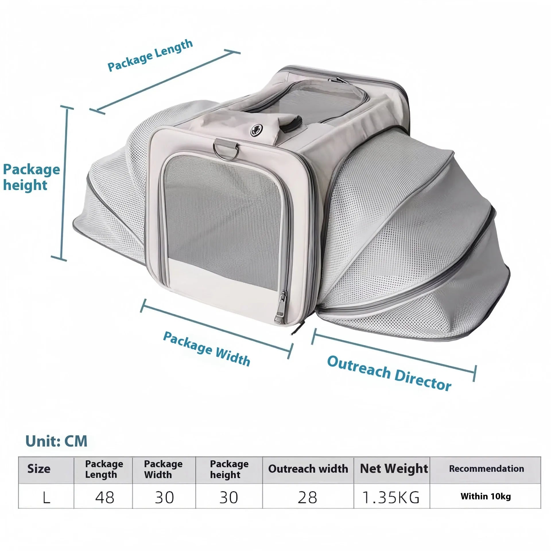 Oxford cloth cat carrier bag in beige extendable style on light background