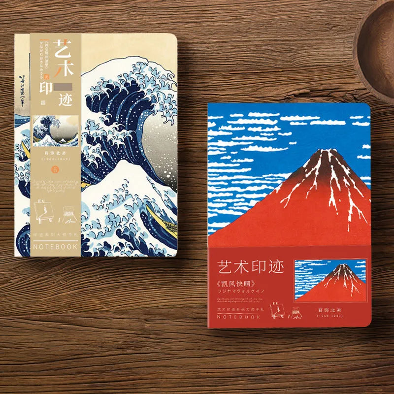 Ukiyo-e series retro artist hand ledger notebook showing Kanagawa wave cover design.