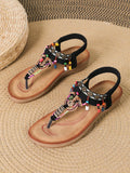 Bohemian ethnic style flat sandals with rhinestone pendant, PU upper, TPR sole, caramel black milky white, sizes 36-43