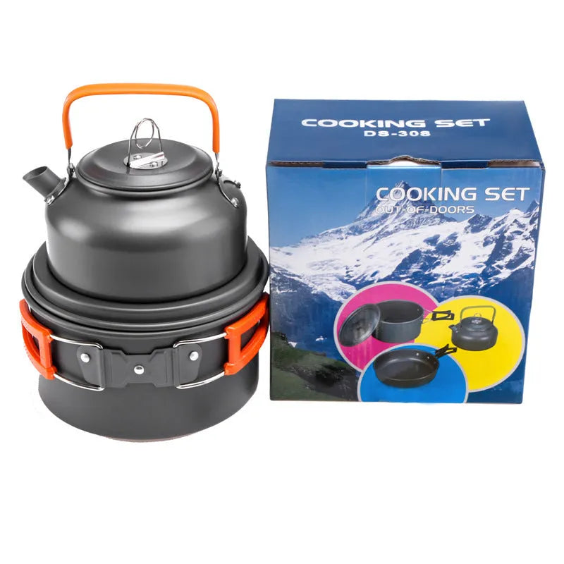 Camping cookware set with hard alumina stew-pan, frying pan, 0.8L teapot, two stainless steel cups and cutlery in orange, black or green