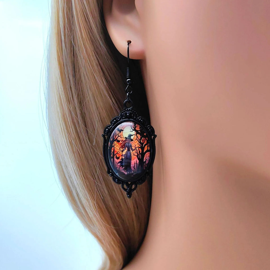 3pcs vintage Halloween tree of life and witch necklace set with earrings, alloy pendant jewellery, two colour styles