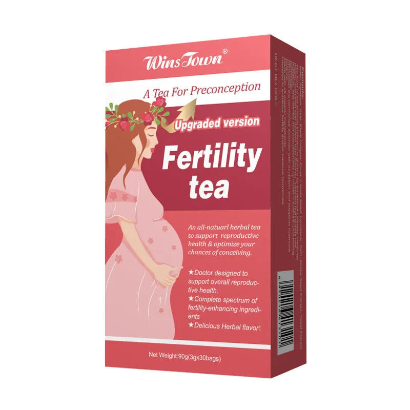 Box of fertility tea containing 90 individual tea bags organised into three units of 30 bags each
