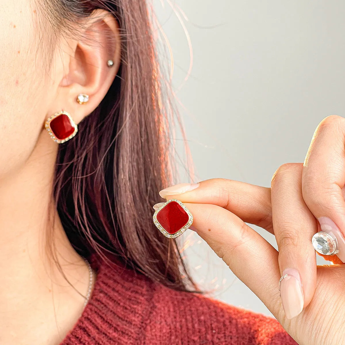 Red alloy earrings with square geometric inlaid design, retro style jewellery for women