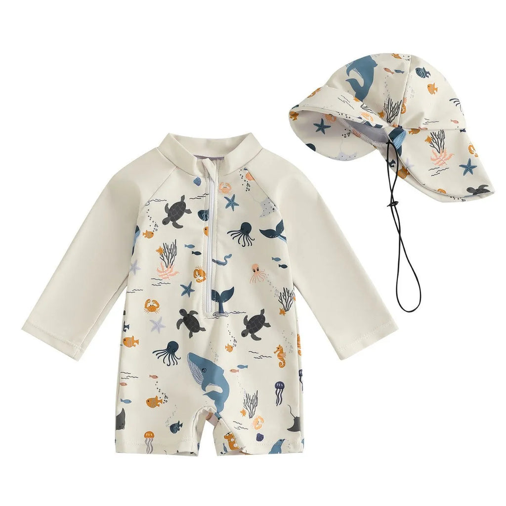 Boys' one-piece swimsuit with hat, long sleeves, polyester, cartoon pattern, light blue