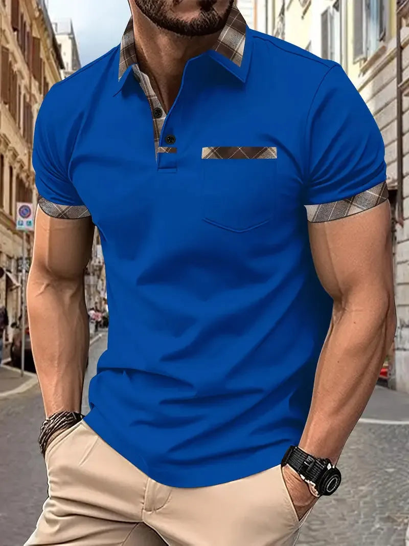Men's colourblock plaid t-shirt with short sleeves and zipper decoration detail