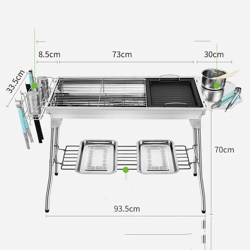 Stainless steel portable folding barbecue oven with grill, shown in a natural metal finish.