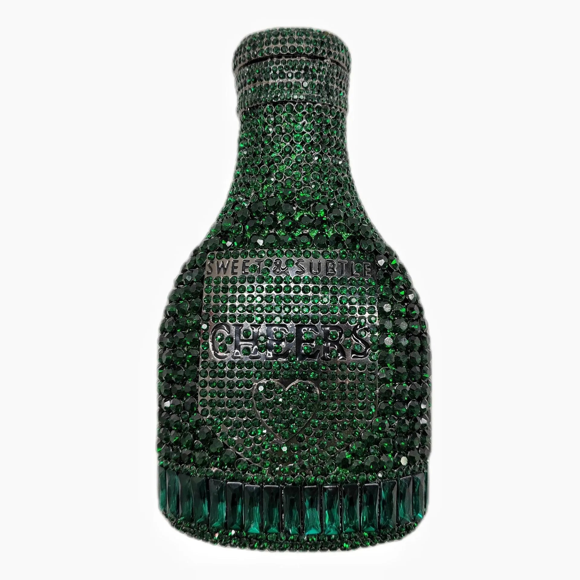 Gold rhinestone evening clutch bag shaped like a champagne bottle with a hard frame.