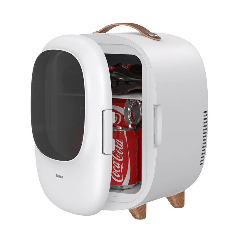 Small 8L white beauty refrigerator with pink option for cosmetics storage on desktop