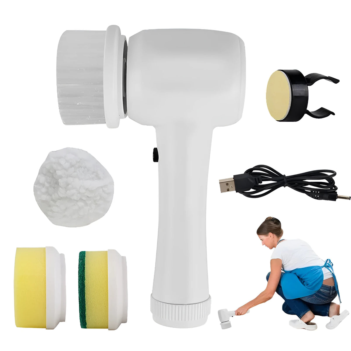 4 in 1 cordless electric cleaning brush with 360r/min spinning action, plastic body 10 x 18 x 6.5cm and four brush heads