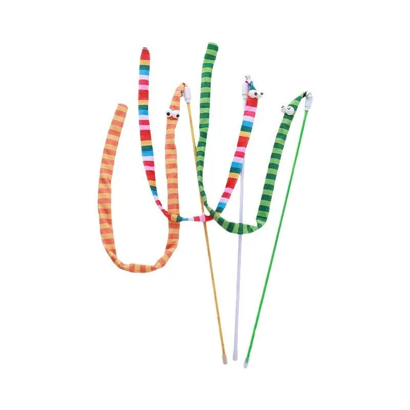 Cat wand teaser toy with polycarbonate pole and colourful plush strip for interactive play
