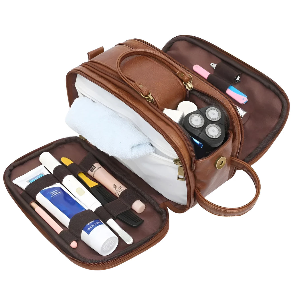 Men's black PU toiletry bag with zip closure and top handle, showing internal compartments.