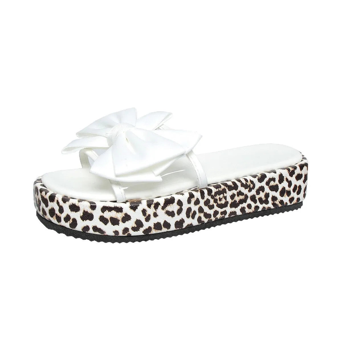 Women's black and white leopard print beach slippers with a thick sole and round toe.