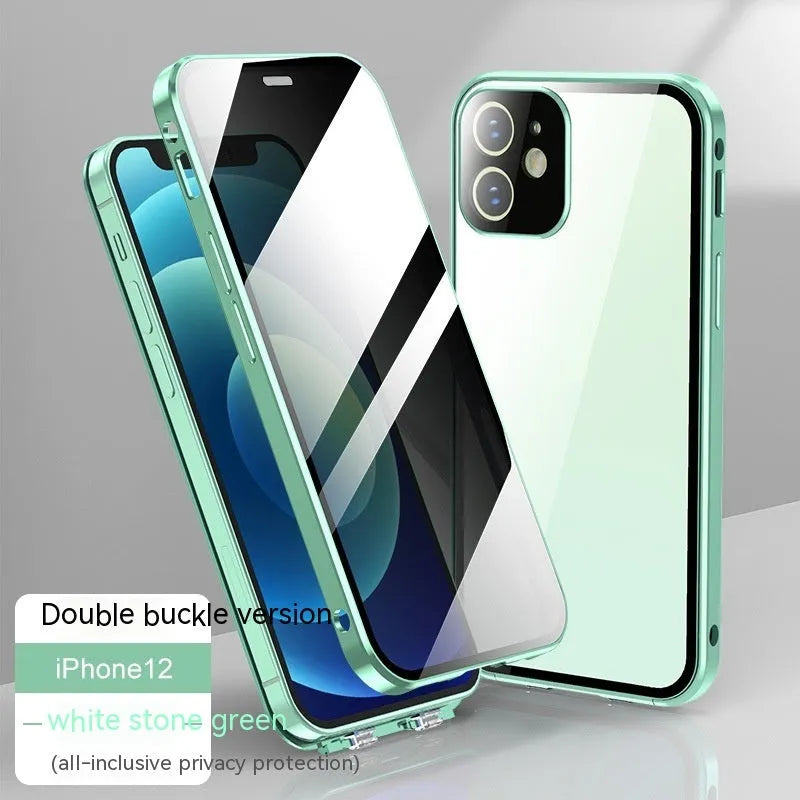 Glass privacy screen iPhone case with double-sided buckle, shown in black, blue, gold, green, and silver colour options.