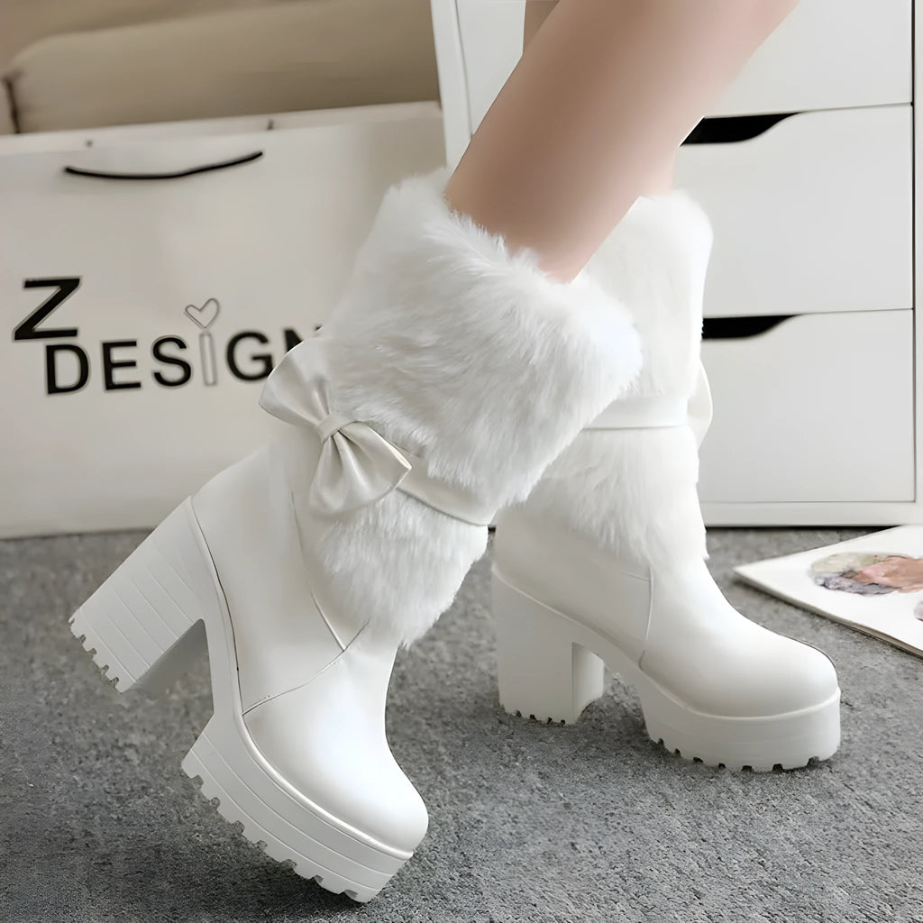 Women's thick heel snow boots in beige with chunky heel, waterproof platform, bow detail, and mid-calf shaft