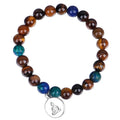 Handmade tiger eye stone bead necklace with Buddha head design, tassel pendant, geometric shape, and 81cm length.