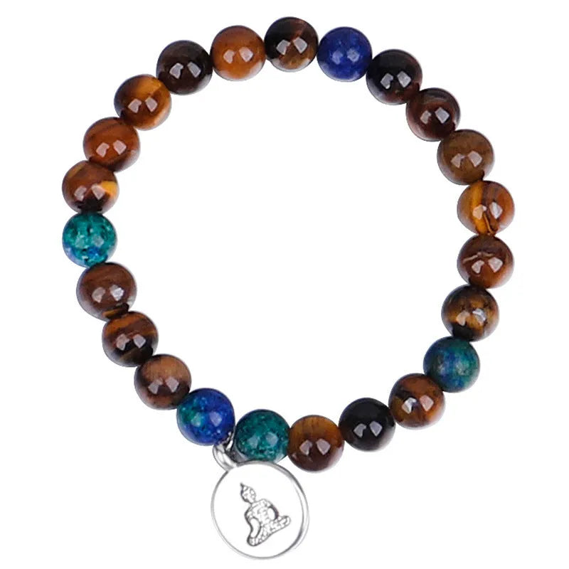 Handmade tiger eye stone bead necklace with Buddha head design, tassel pendant, geometric shape, and 81cm length.
