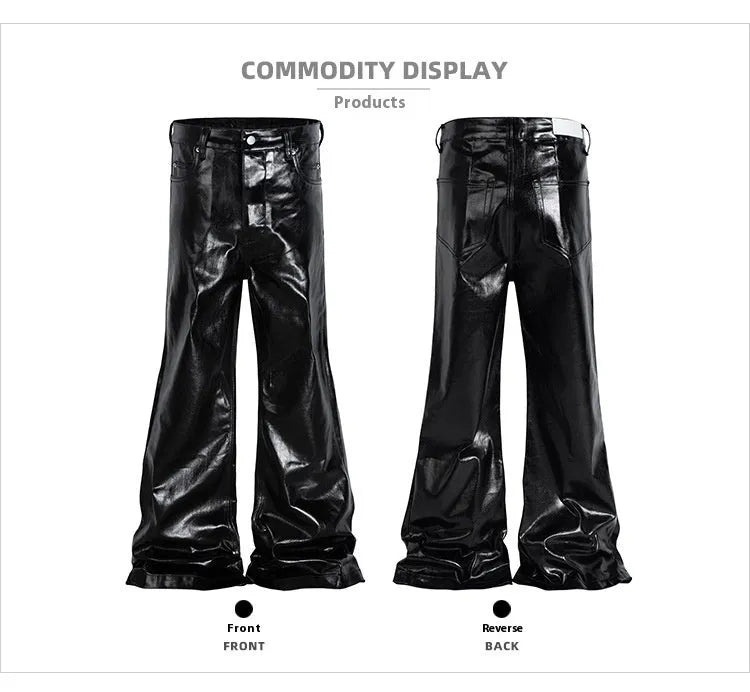 Black skinny jeans with shiny patent leather coating and straight-leg cut