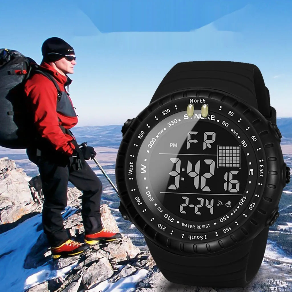 Black men's waterproof outdoor electronic watch with large digital dial on a PU strap.