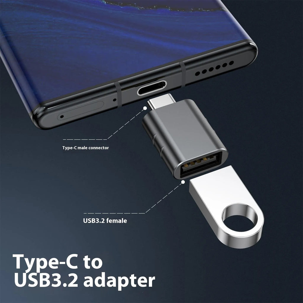 USB C to USB A adapter in metallic colours with zinc alloy housing for 10Gbps data transfer