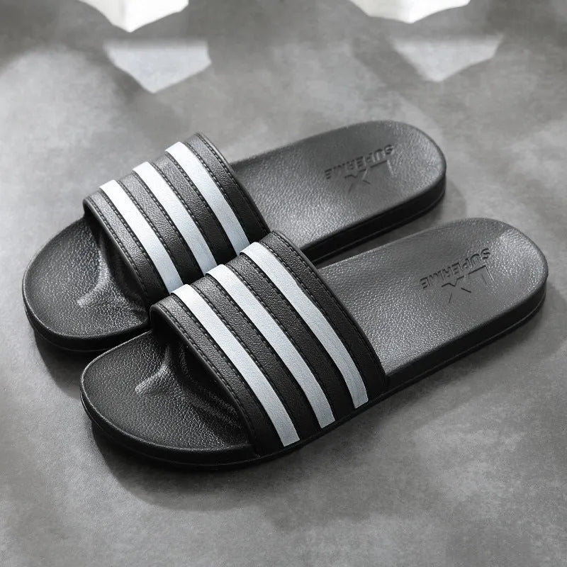 White stripes PVC bathroom slippers for women and men with three-bar design and injection moulded sole