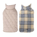 Waterproof reversible lattice pet dog suit jacket in beige on a dog standing outdoors