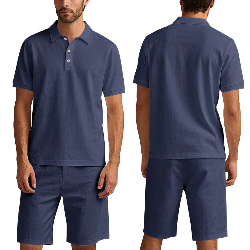 Men's linen blend short-sleeved shirt and matching shorts suit set in multiple colour options
