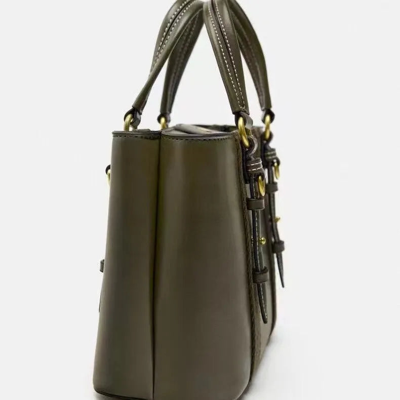 Women's olive green mini city messenger bag in PU leather with single shoulder strap and horizontal square shape