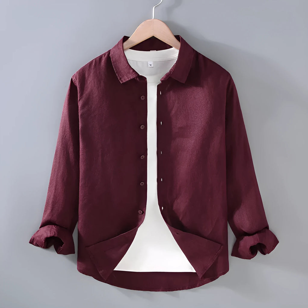 Men's solid colour linen cardigan shirt on a hanger, showing long sleeves.