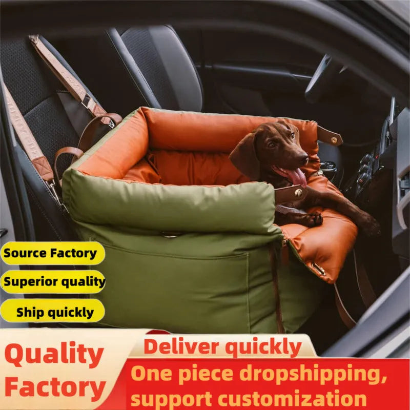 Green waterproof dog car nest bed with sides, showing removable design for washing, placed in a car boot.