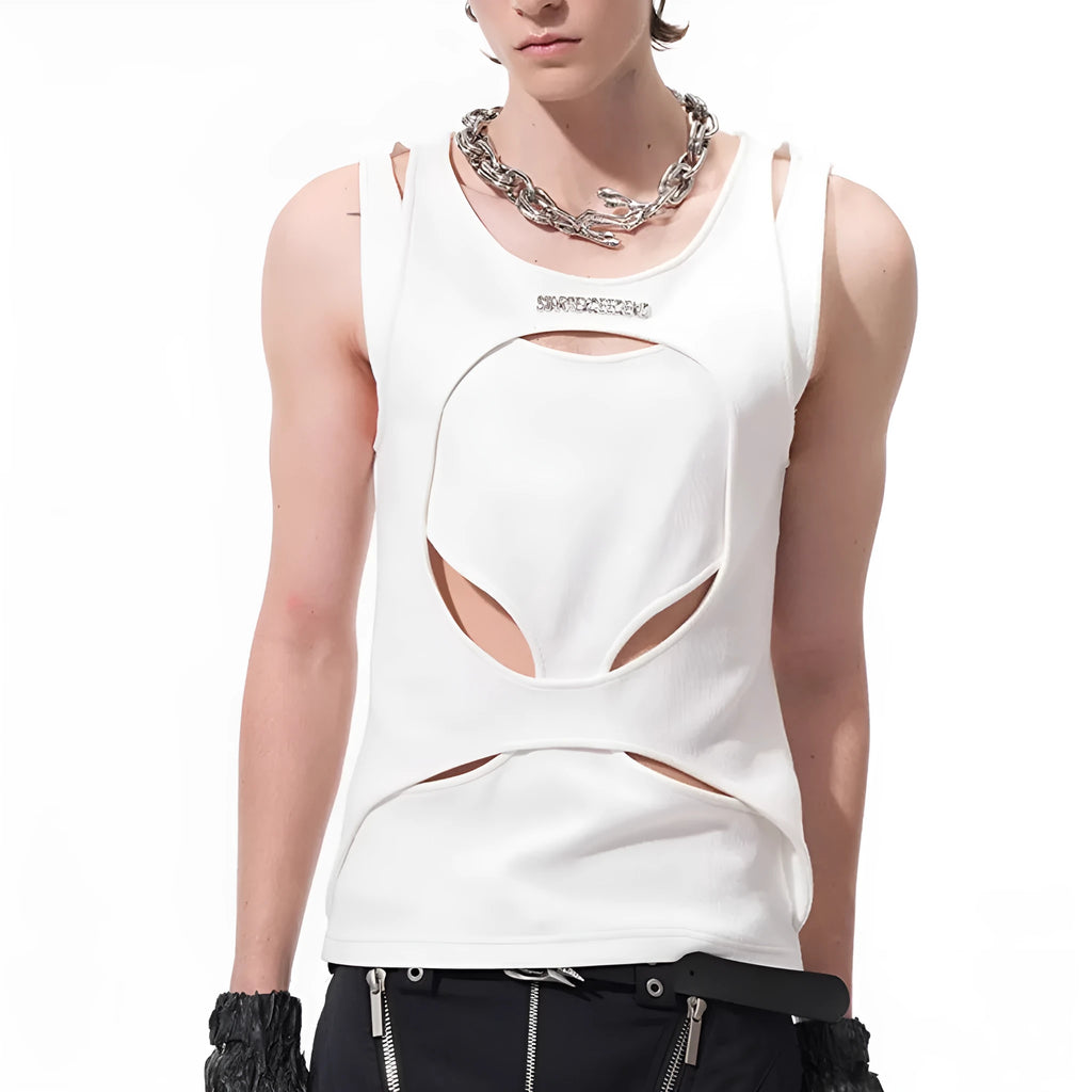 Men's loose-fit sleeveless waistcoat in black hollow weave cotton fabric on a hanger