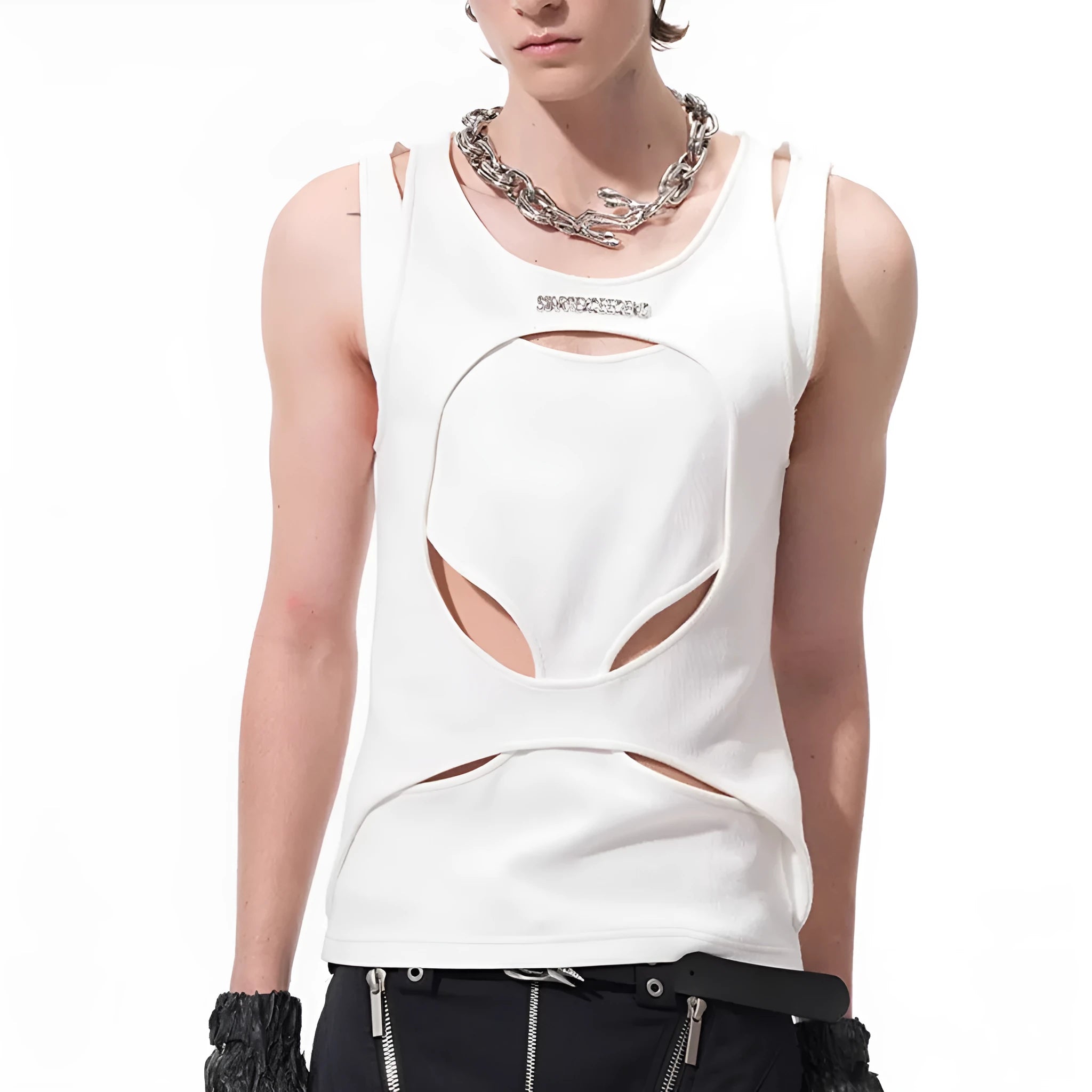 Men's loose-fit sleeveless waistcoat in black hollow weave cotton fabric on a hanger