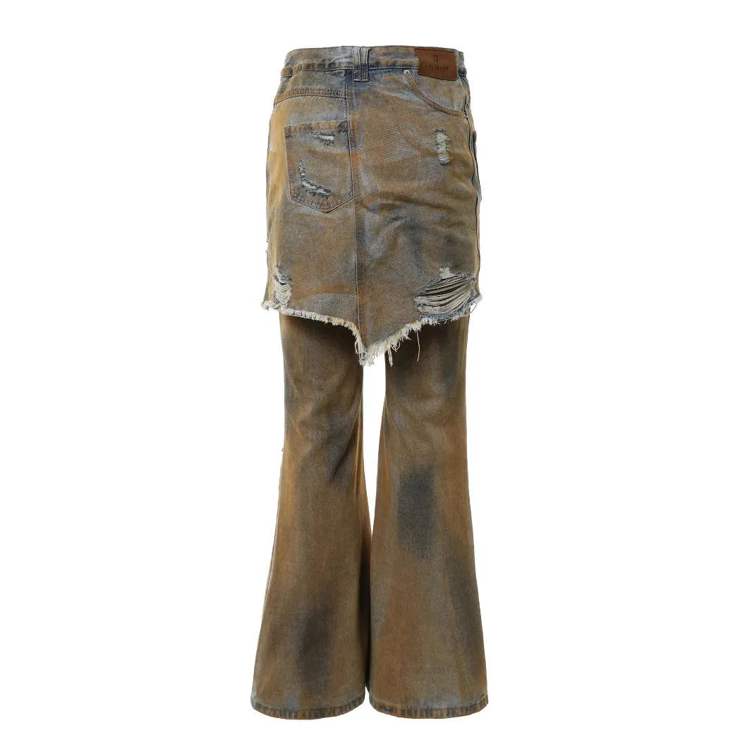 High-waist bootcut denim trousers in picture colour, front view, with button fly and straight-leg cut