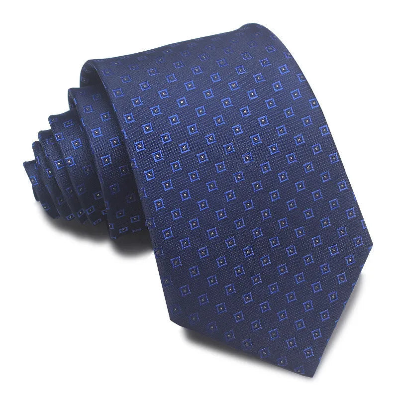 Men's striped jacquard business tie in red, showing arrow head shape and 8cm width.