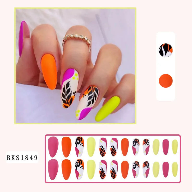 Wear Armour medium almond frosted nail stickers showing four designs: French colourful leaves, star flash macaron, gradient leopard print and colourful plating