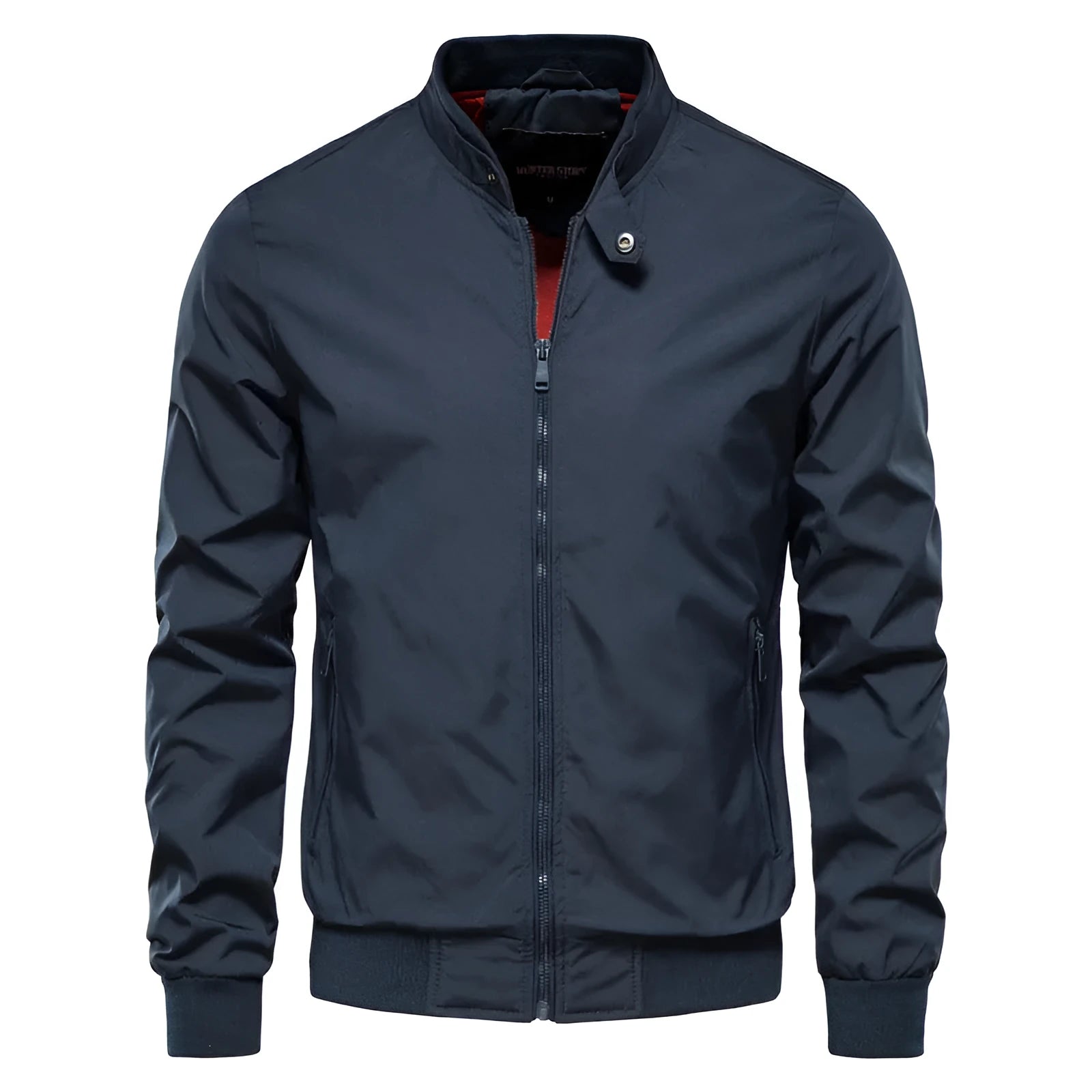 Men's solid colour thin casual jacket in polyester fabric on a hanger.