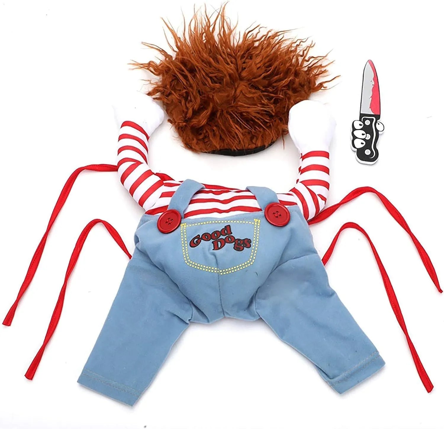 Striped Halloween costume harness pants set for dogs and cats with plastic knife accessory