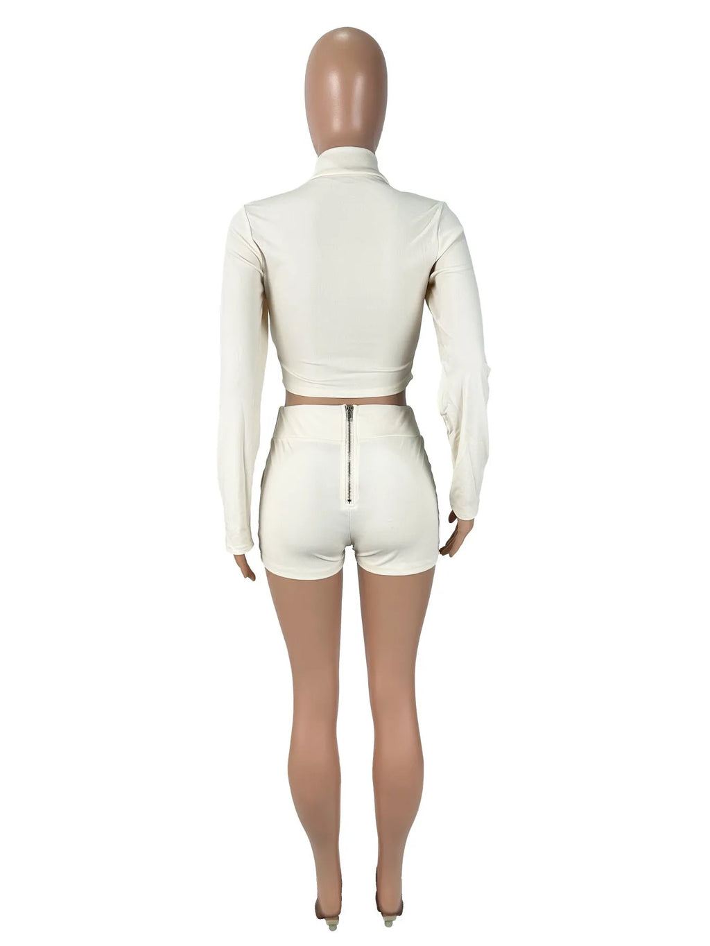 Women's solid colour apricot polyester lapel long sleeve top and shorts suit set on model