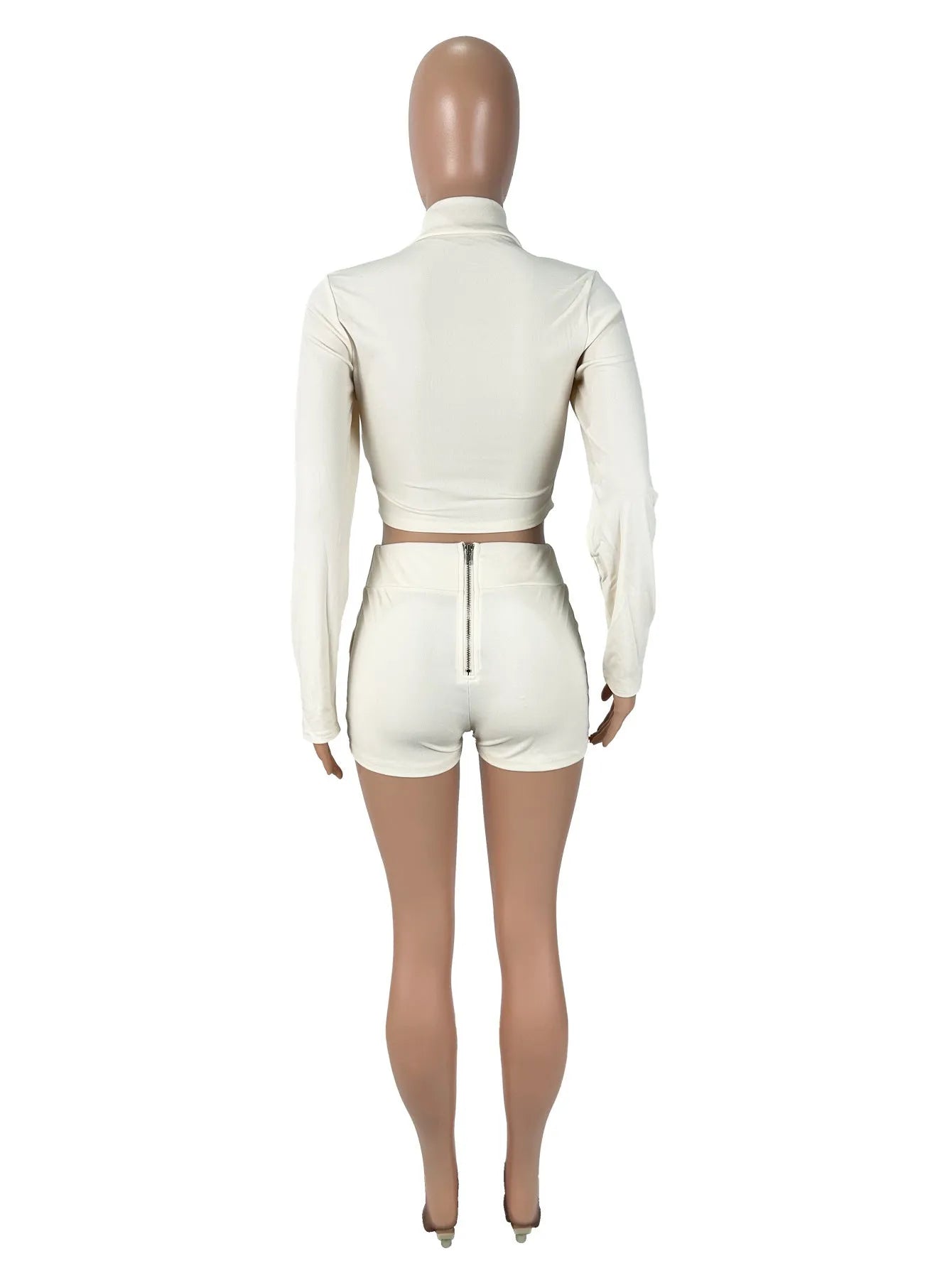 Women's solid colour apricot polyester lapel long sleeve top and shorts suit set on model