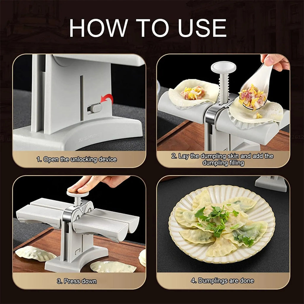 White double-headed dumpling mould with manual press and anti-slip rubber base