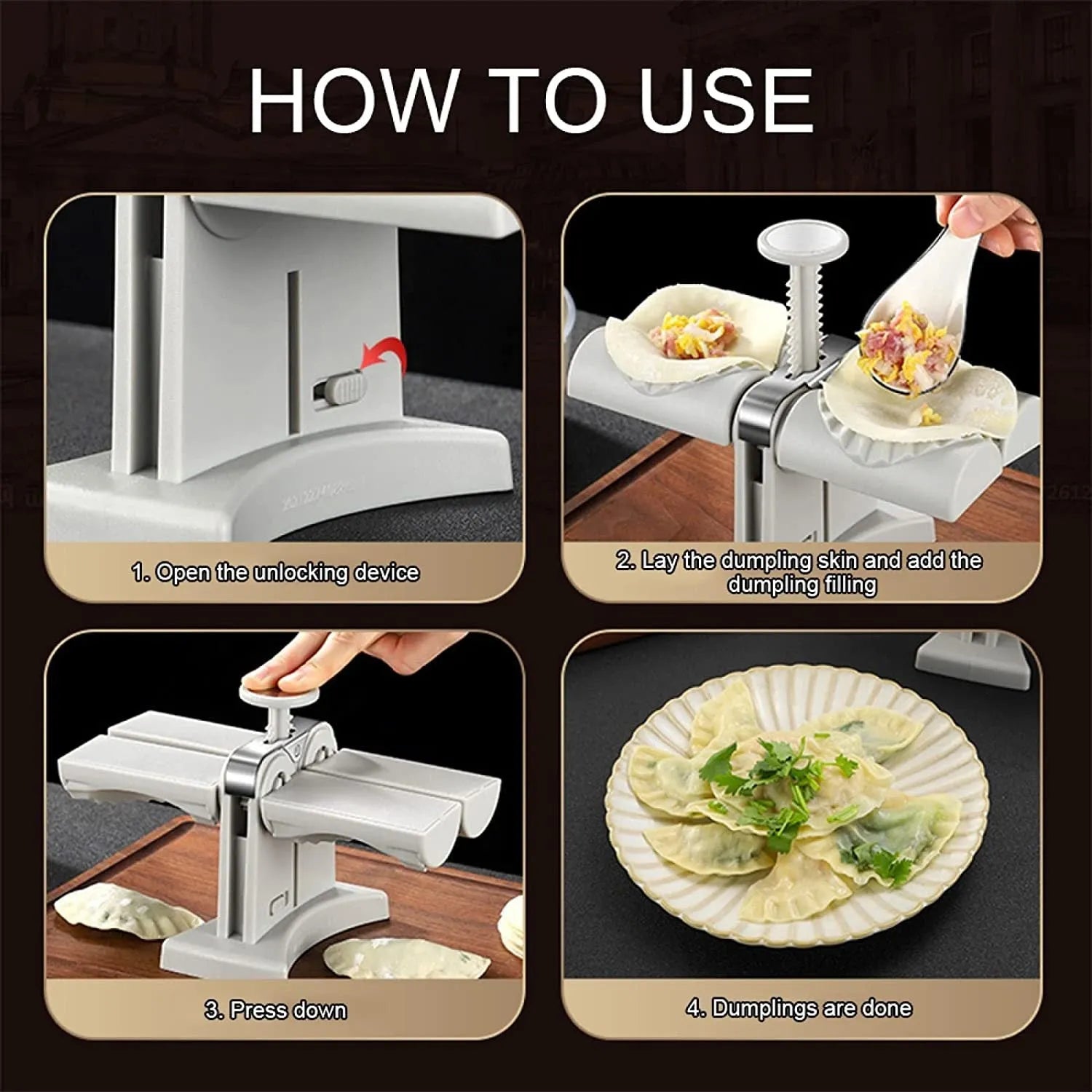 White double-headed dumpling mould with manual press and anti-slip rubber base