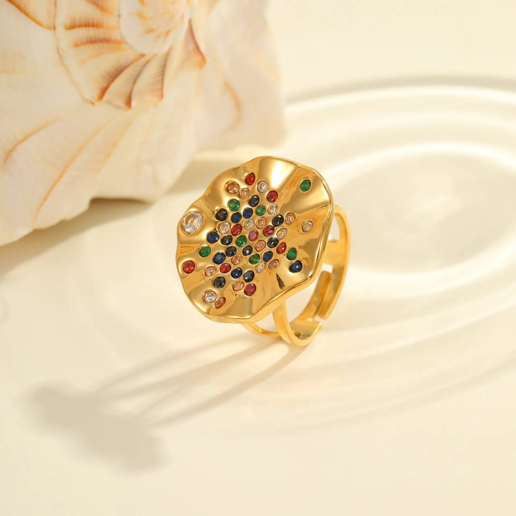 Geometric titanium steel ring with pleated colour diamond detailing and open mouth adjustable design