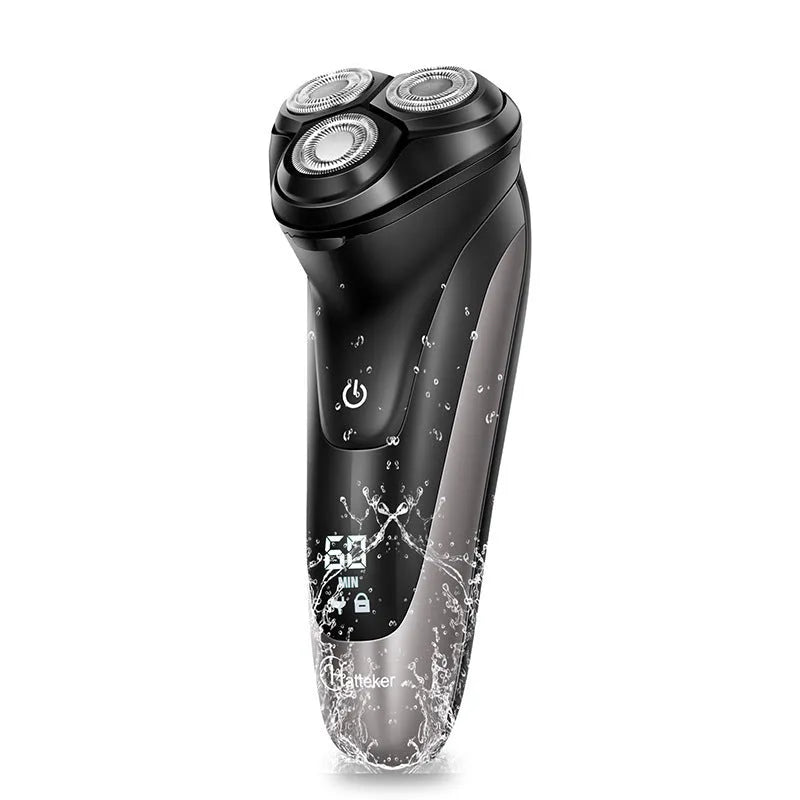 Men's electric shaver kit with three floating heads, pop-up trimmer, USB cable, and accessories on grey background