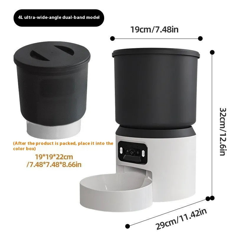 White 4-litre smart pet feeder with app icon on display and stainless steel bowl.