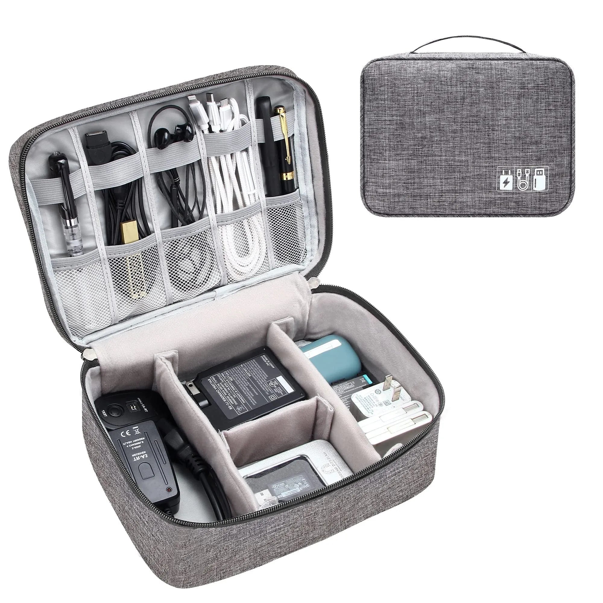 Black travel cable organiser bag open to show mesh pockets, elastic loops, and removable padded dividers.