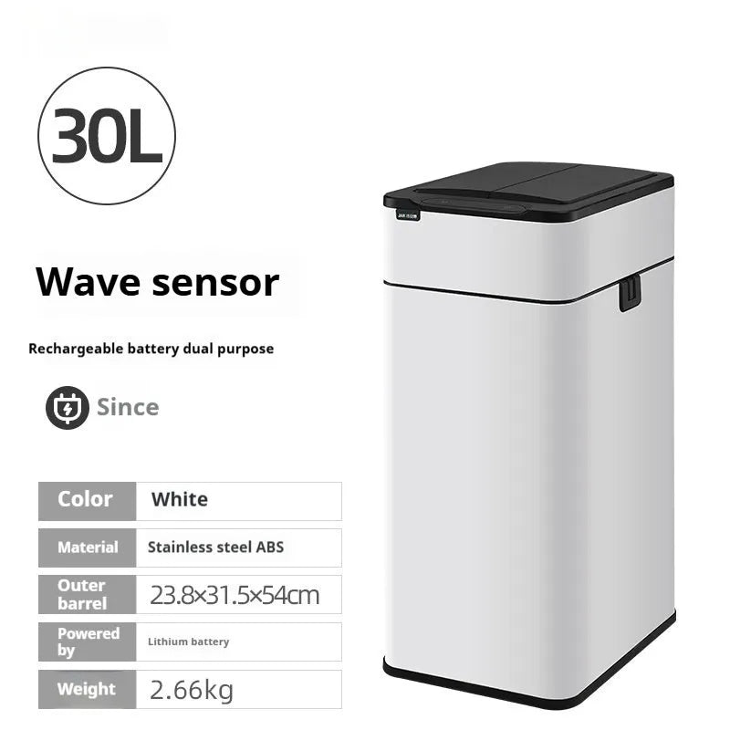 Stainless steel inductive smart trash can with square design and 26+ litre capacity