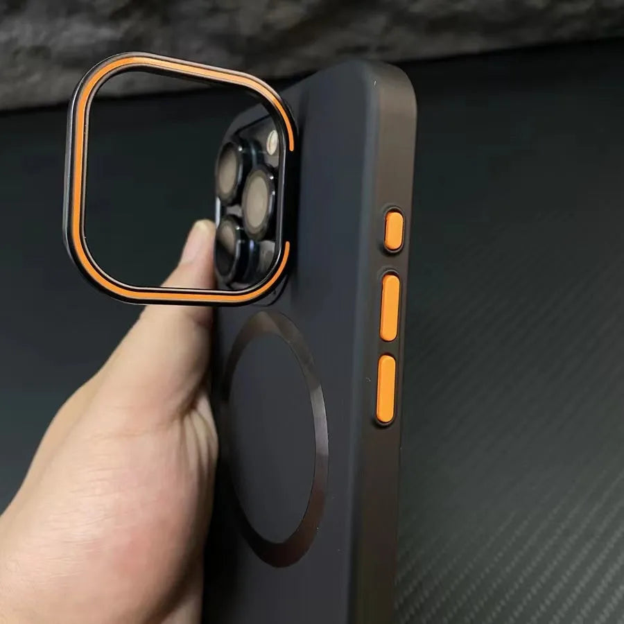 Frosted magnetic iPhone case with invisible bracket, shown in black, with lens protectors.