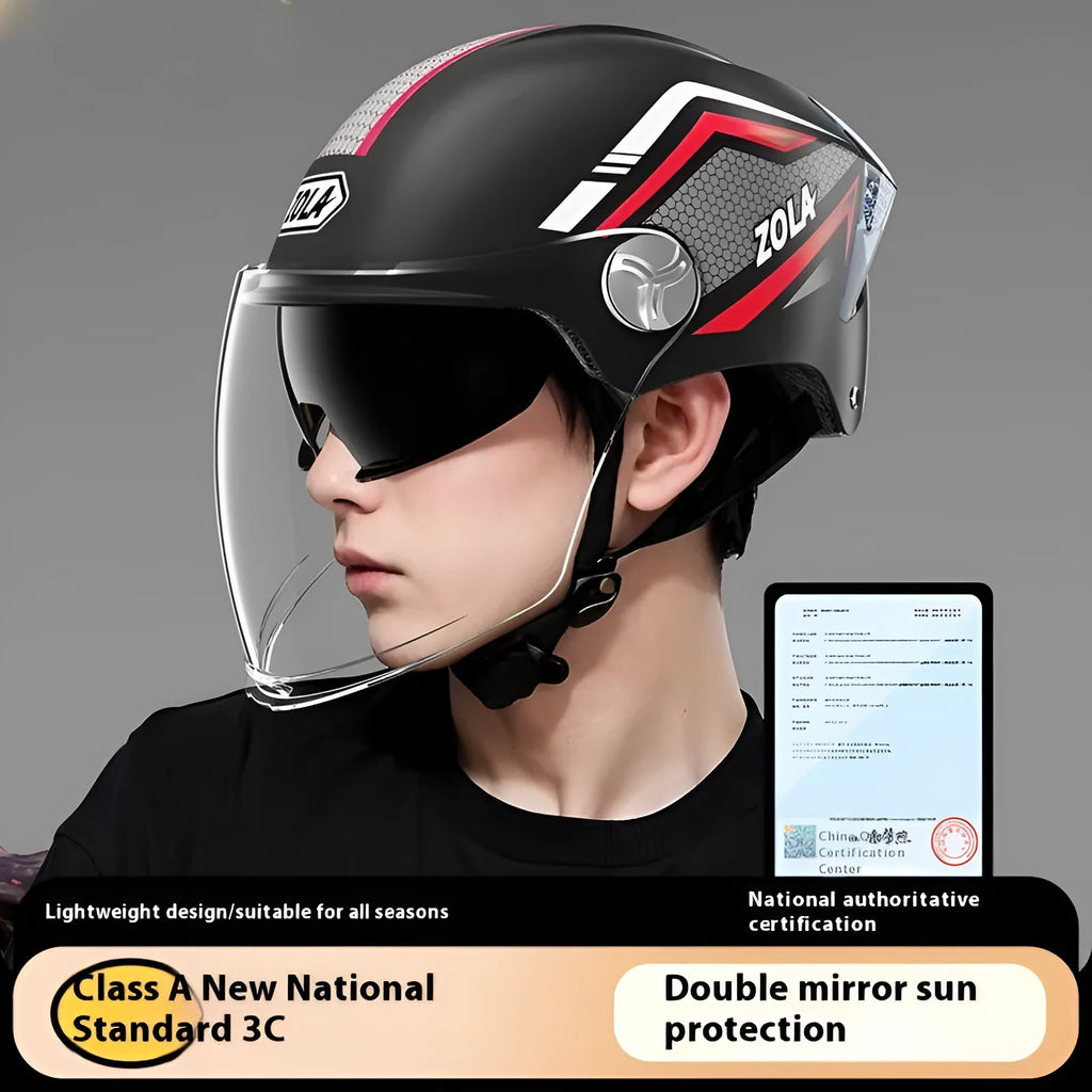 Light brown universal motorcycle half helmet with double mirror sun visor on handlebars.