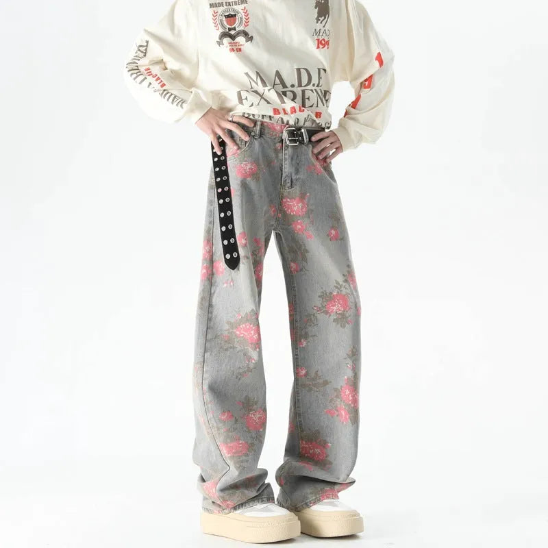 Men's blue peony jacquard washed loose jeans with mid waist and zipper fly