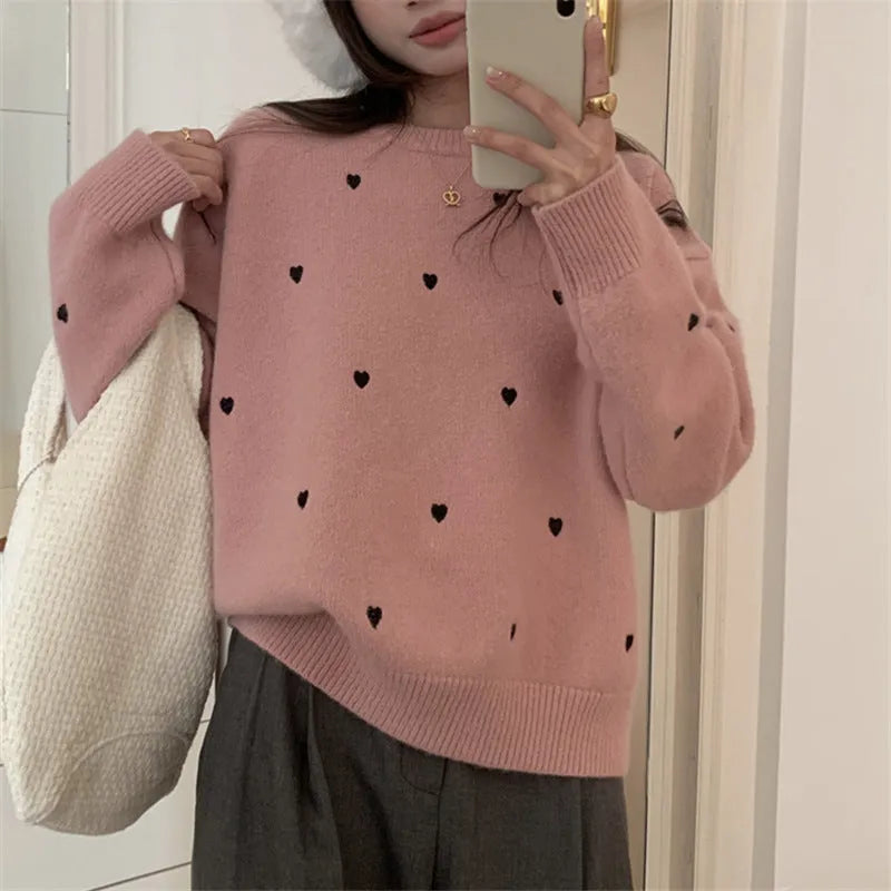 Women's loose fit acrylic pullover sweater with crew neck, long sleeves, and love-pattern embroidery